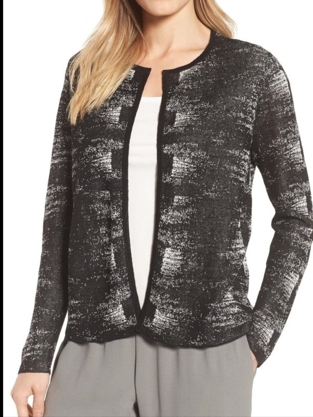 Eileen Fisher Black Bone Fine Organic Linen Crepe Knit Cardigan Size Large